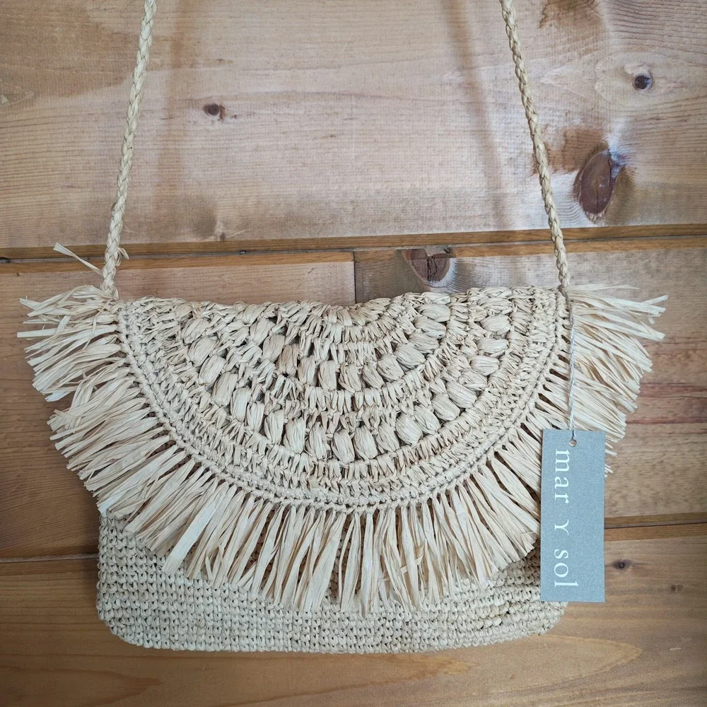Mar Y Sol NWT Mia Raffia Handmade Clutch Bag Crossbody Purse Boho Fringe Coastal